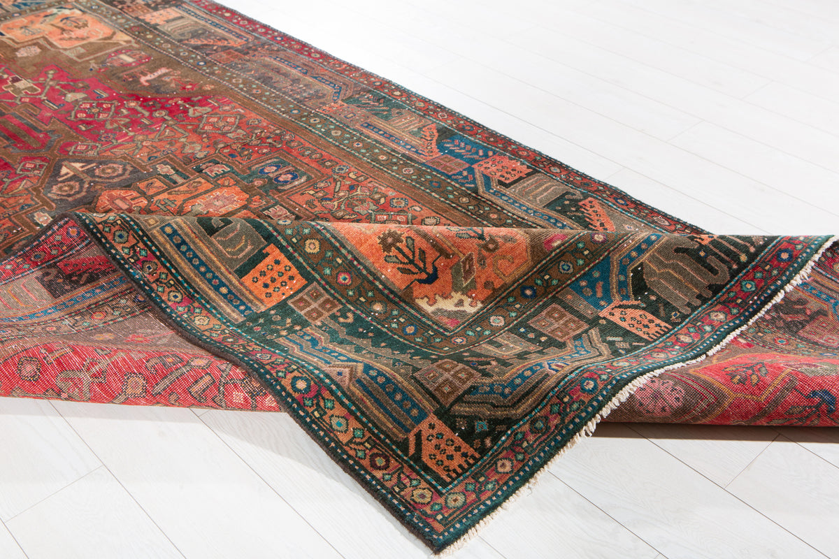 Antique Copper Orange Geometric Medallion Wool Rug – 9' 11" x 5' 0" (301 x 153 cm)