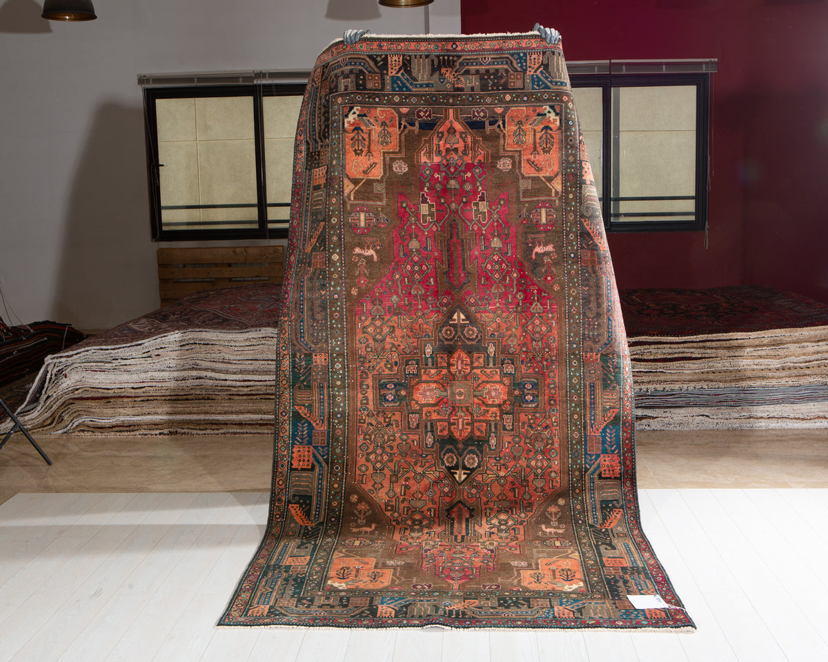 Antique Copper Orange Geometric Medallion Wool Rug – 9' 11" x 5' 0" (301 x 153 cm)
