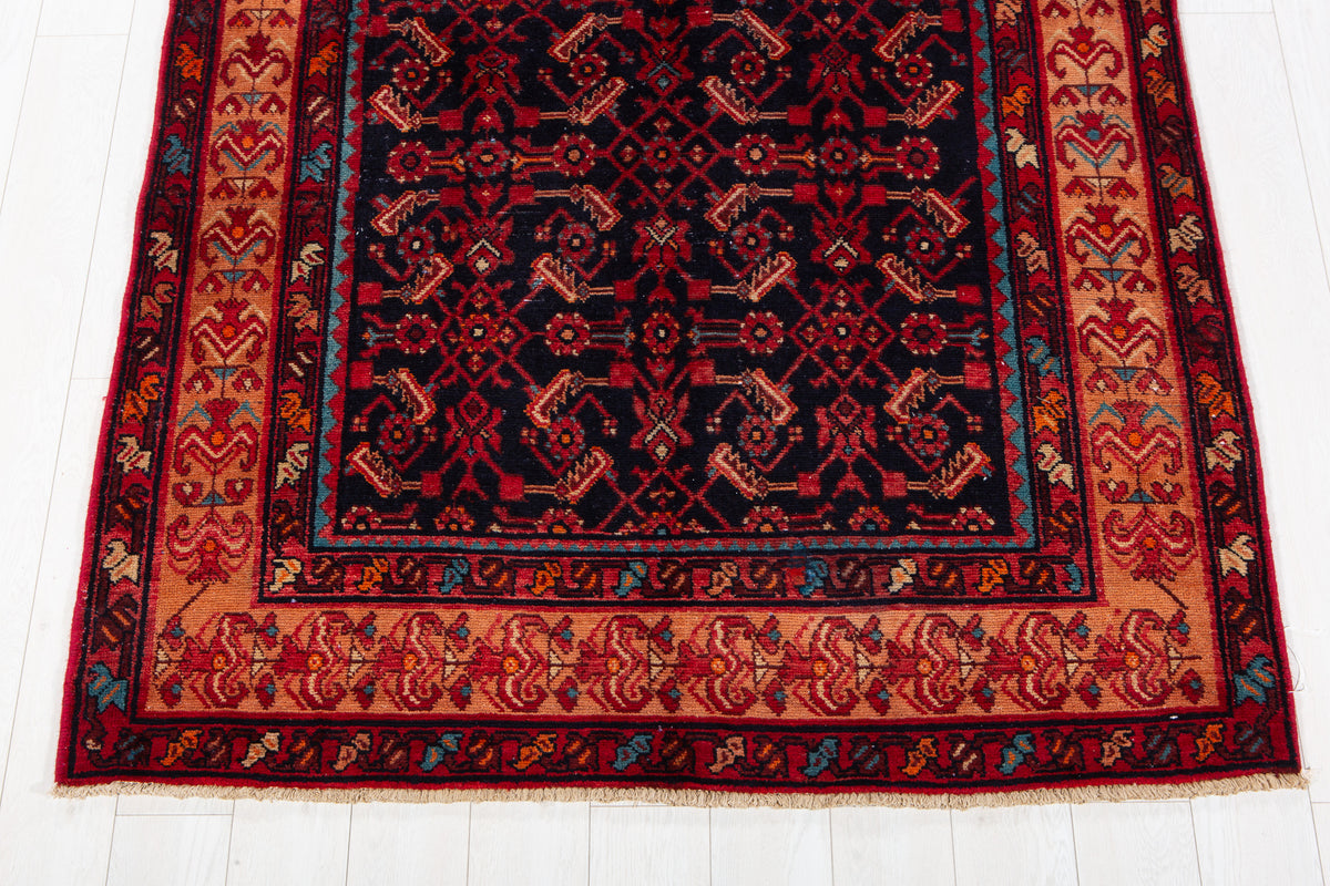 Vintage Deep Navy Blue & Brown Geometric Allover Wool Rug – 12' 5" x 5' 1" (379 x 155 cm)