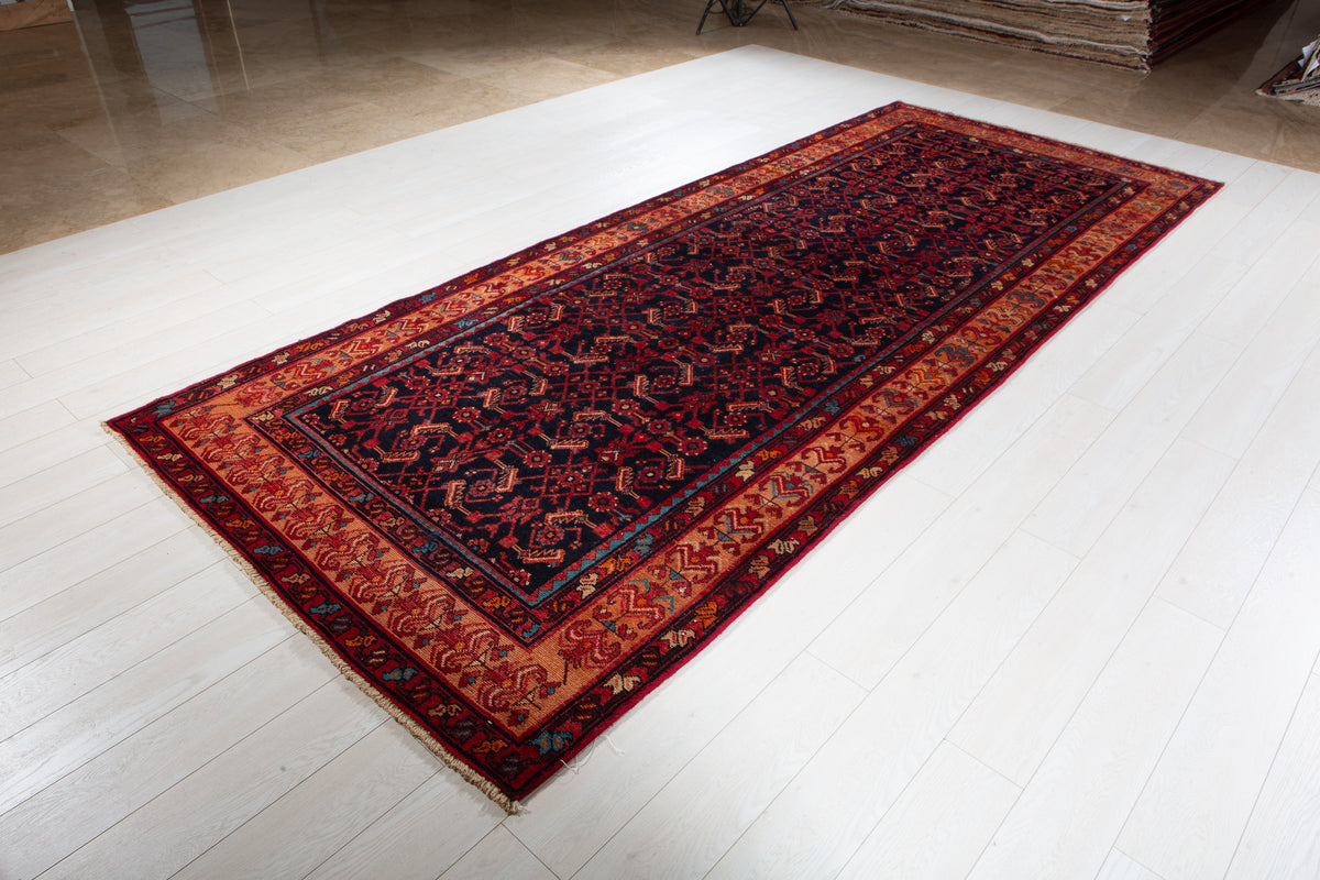 Vintage Deep Navy Blue & Brown Geometric Allover Wool Rug – 12' 5" x 5' 1" (379 x 155 cm)