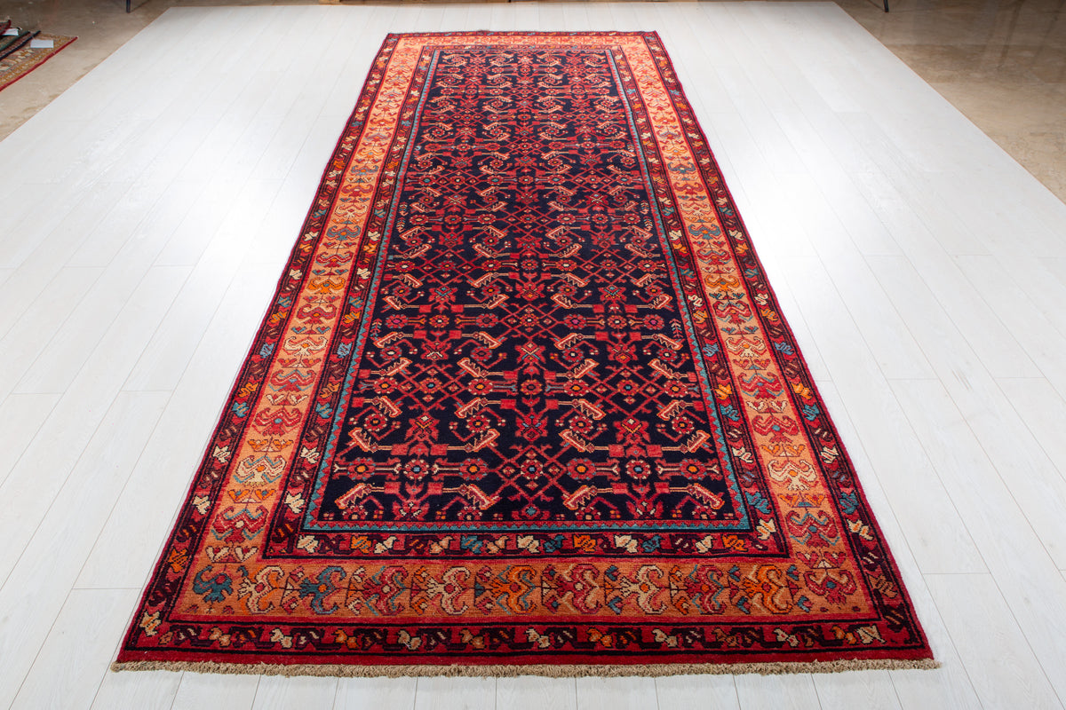 Vintage Deep Navy Blue & Brown Geometric Allover Wool Rug – 12' 5" x 5' 1" (379 x 155 cm)