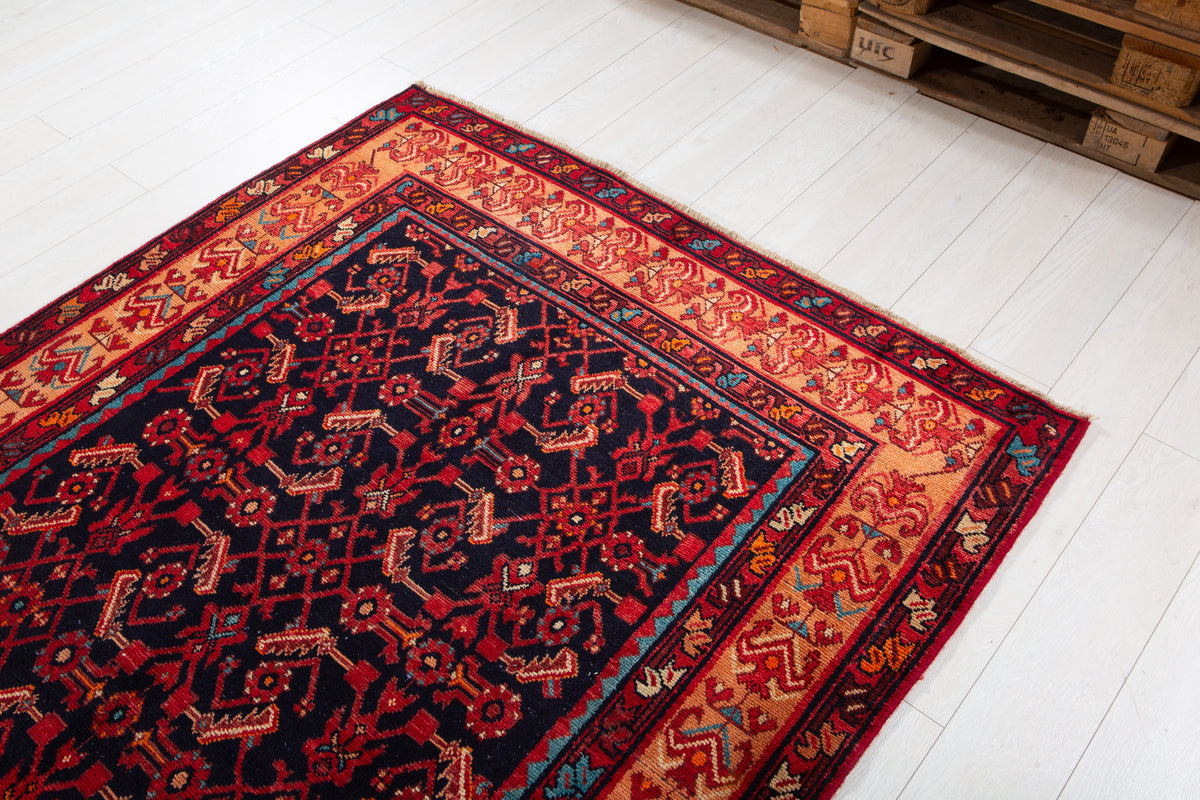 Vintage Deep Navy Blue & Brown Geometric Allover Wool Rug – 12' 5" x 5' 1" (379 x 155 cm)