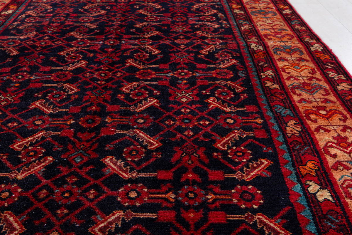 Vintage Deep Navy Blue & Brown Geometric Allover Wool Rug – 12' 5" x 5' 1" (379 x 155 cm)