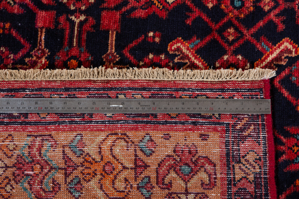Vintage Deep Navy Blue & Brown Geometric Allover Wool Rug – 12' 5" x 5' 1" (379 x 155 cm)
