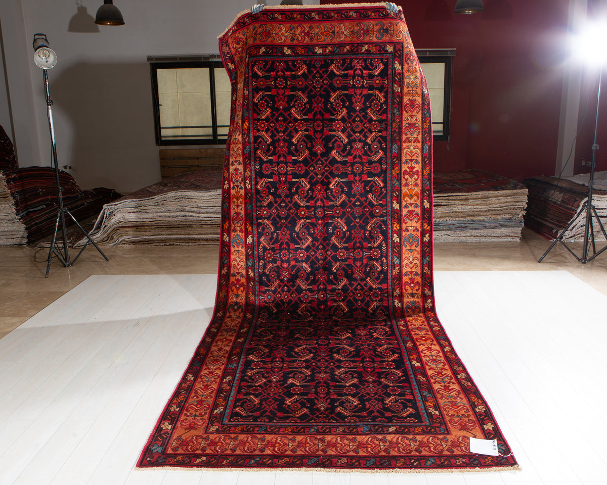 Vintage Deep Navy Blue & Brown Geometric Allover Wool Rug – 12' 5" x 5' 1" (379 x 155 cm)