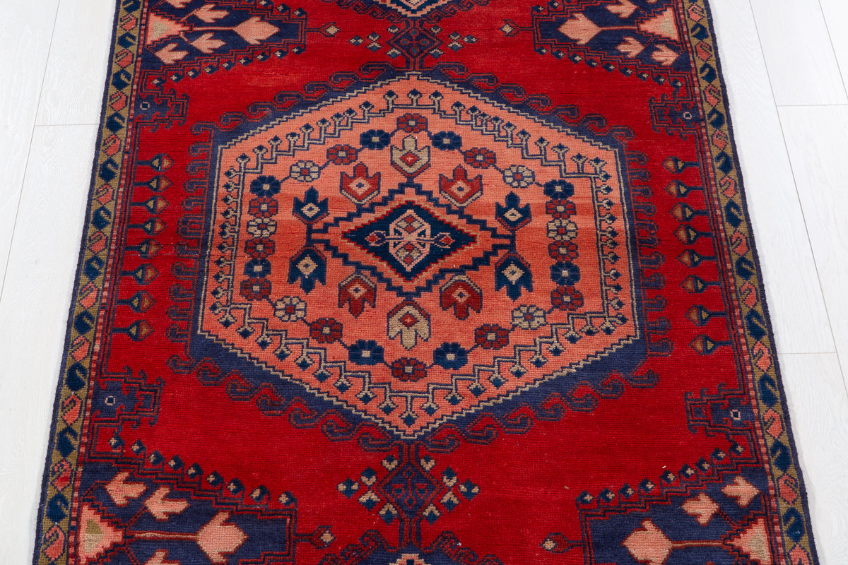 Collectible Vintage Orange Red & Blue Geometric Medallion Wool Rug – 8' 4" x 4' 0" (255 x 123 cm)