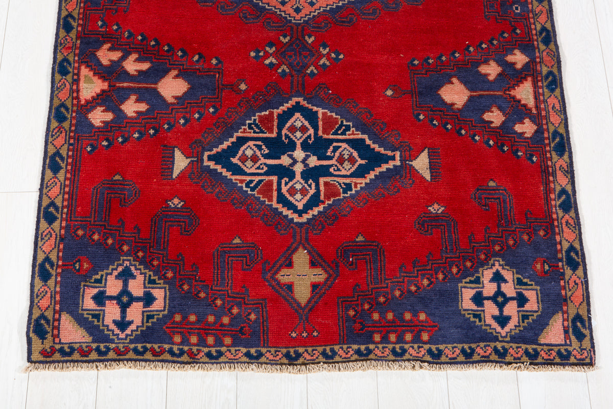 Collectible Vintage Orange Red & Blue Geometric Medallion Wool Rug – 8' 4" x 4' 0" (255 x 123 cm)