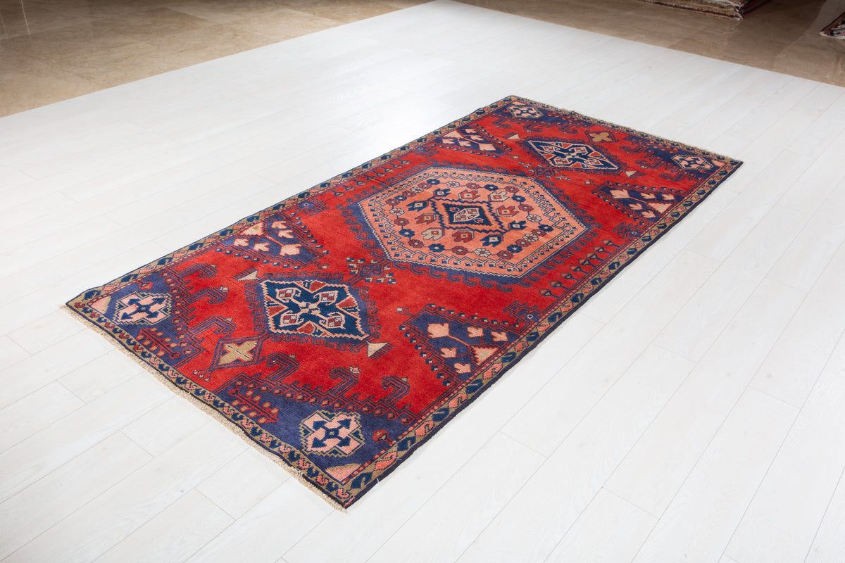 Collectible Vintage Orange Red & Blue Geometric Medallion Wool Rug – 8' 4" x 4' 0" (255 x 123 cm)