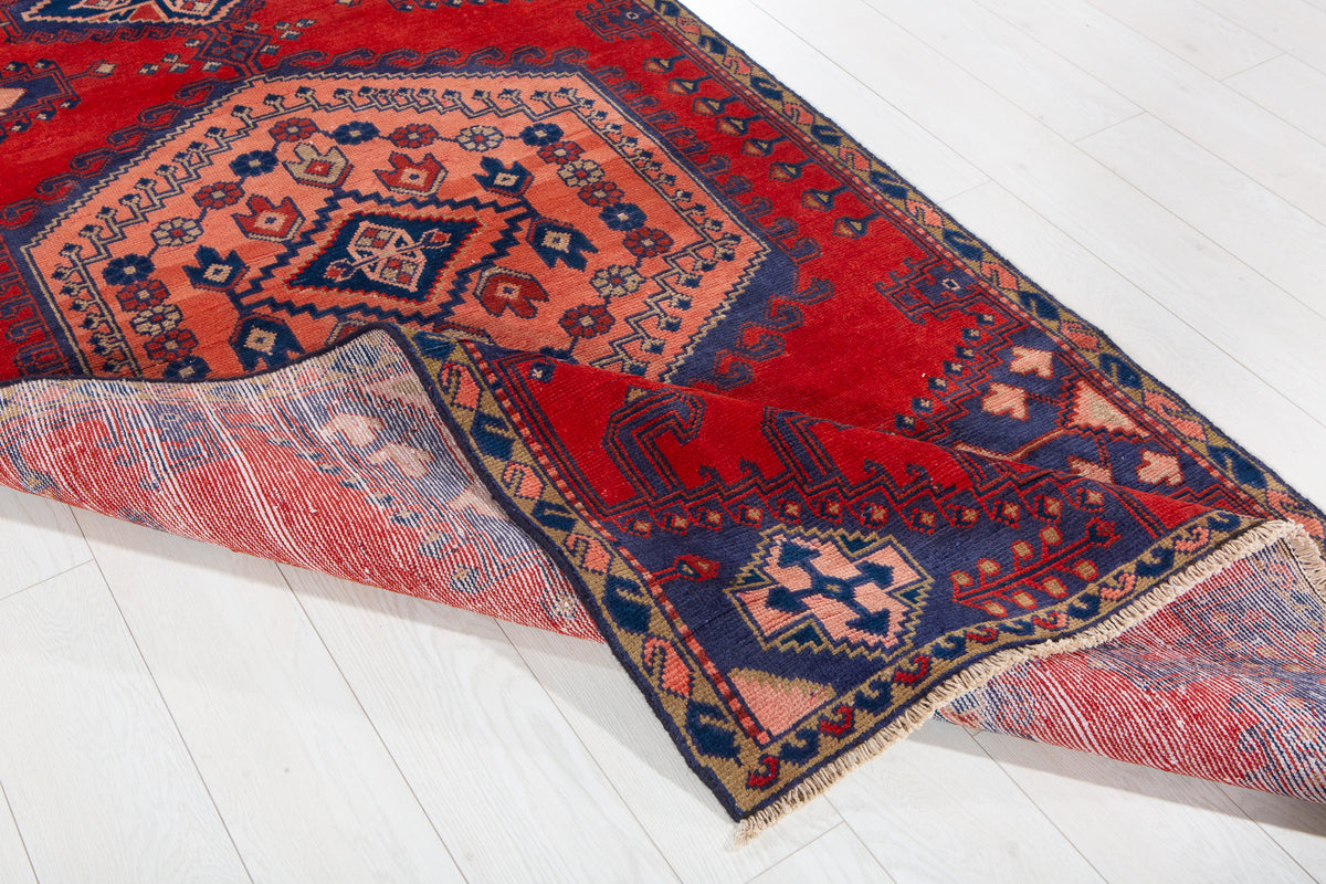 Collectible Vintage Orange Red & Blue Geometric Medallion Wool Rug – 8' 4" x 4' 0" (255 x 123 cm)