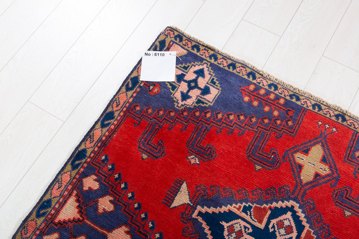 Collectible Vintage Orange Red & Blue Geometric Medallion Wool Rug – 8' 4" x 4' 0" (255 x 123 cm)
