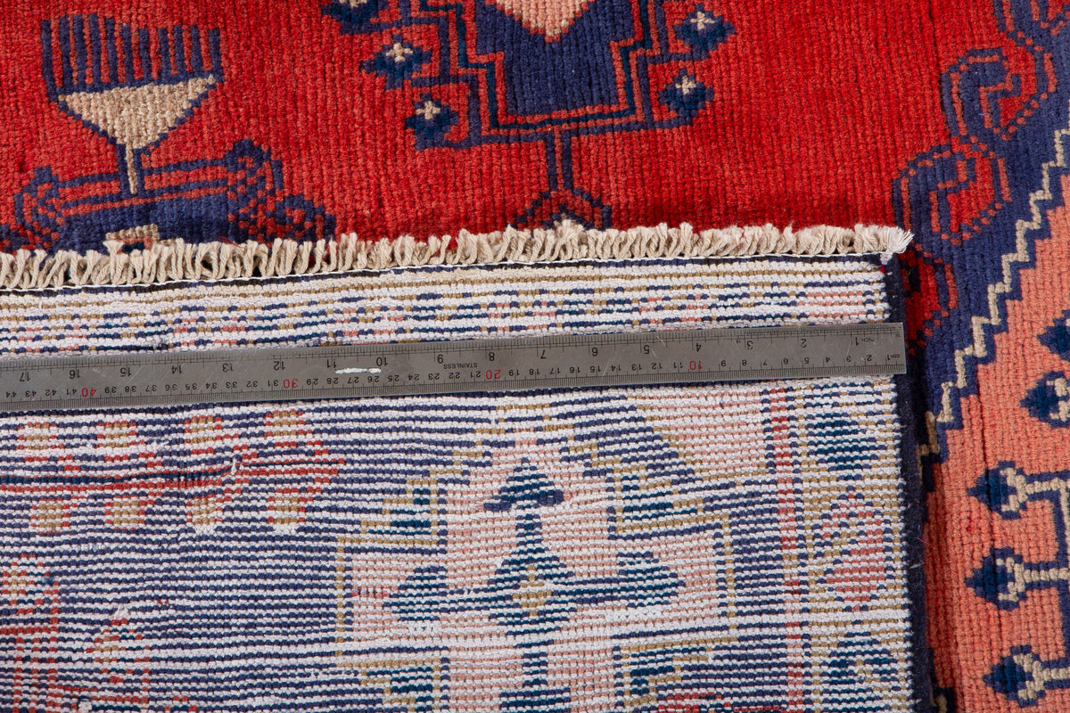 Collectible Vintage Orange Red & Blue Geometric Medallion Wool Rug – 8' 4" x 4' 0" (255 x 123 cm)