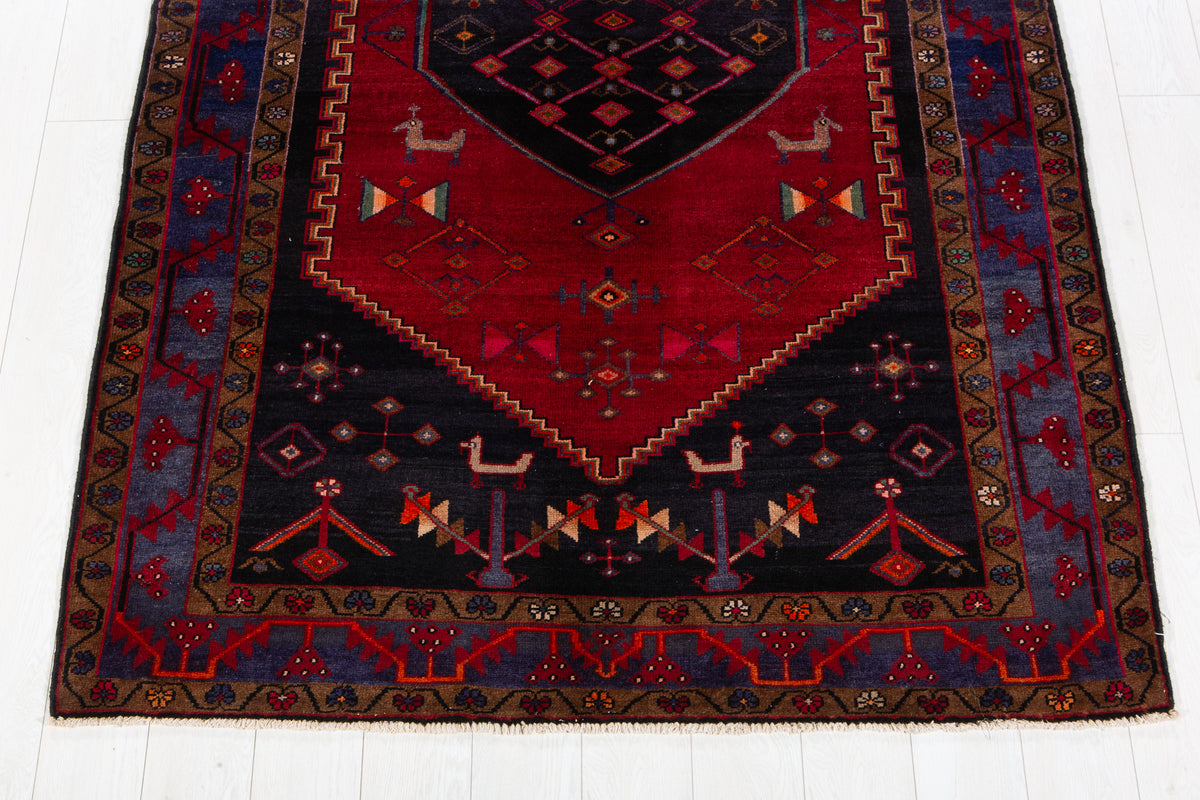 Collectible Vintage Red & Navy Blue Geometric Medallion Wool Rug – 8' 4" x 5' 0" (253 x 152 cm)