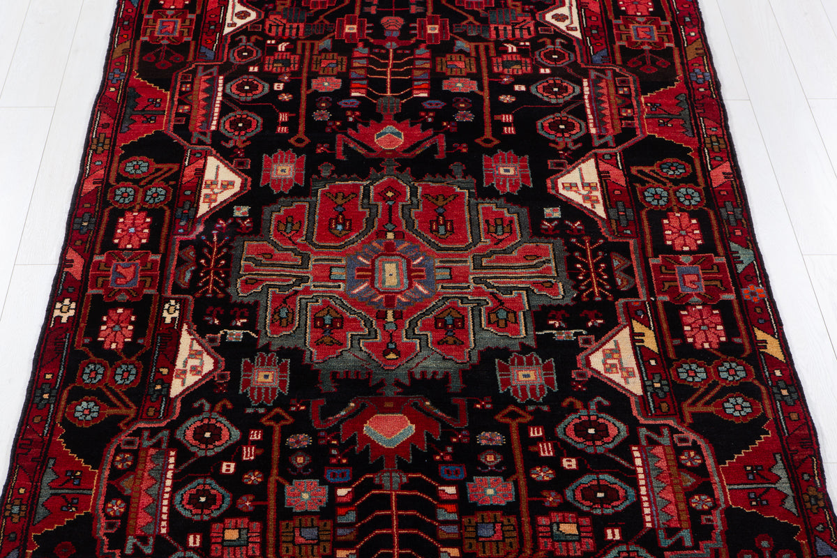 Vintage Deep Navy Blue & Red Geometric Allover Wool Rug – 11' 2" x 5' 1" (340 x 156 cm)