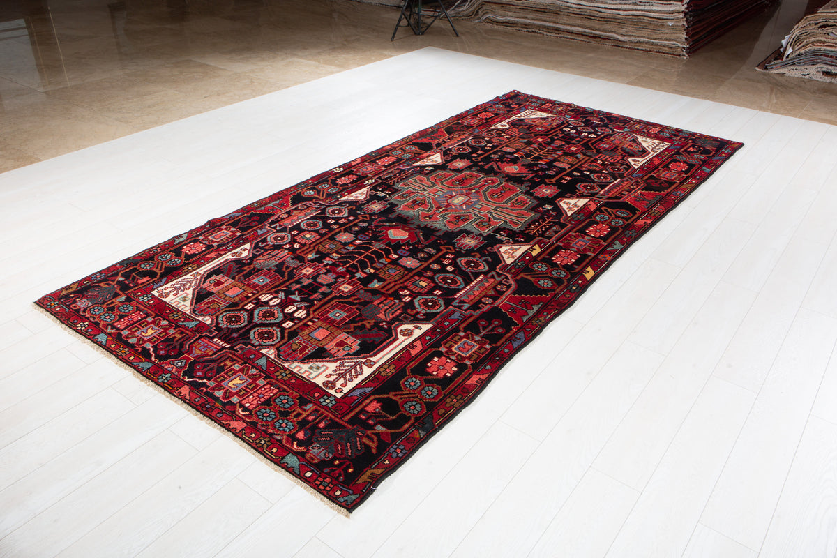 Vintage Deep Navy Blue & Red Geometric Allover Wool Rug – 11' 2" x 5' 1" (340 x 156 cm)