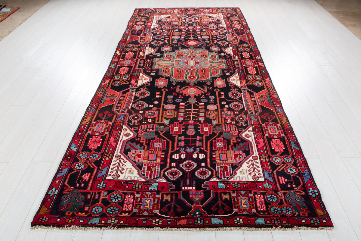 Vintage Deep Navy Blue & Red Geometric Allover Wool Rug – 11' 2" x 5' 1" (340 x 156 cm)