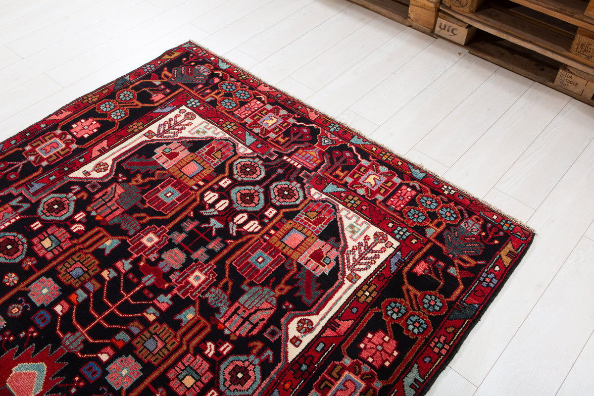 Vintage Deep Navy Blue & Red Geometric Allover Wool Rug – 11' 2" x 5' 1" (340 x 156 cm)