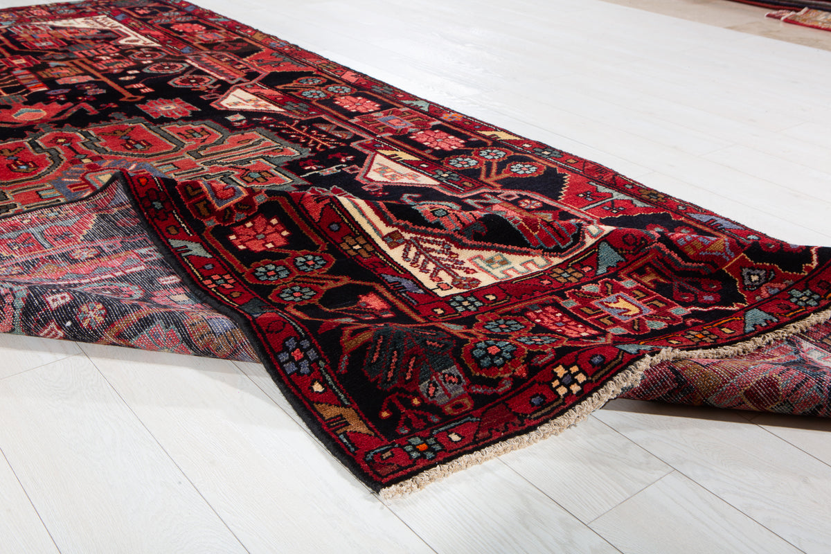 Vintage Deep Navy Blue & Red Geometric Allover Wool Rug – 11' 2" x 5' 1" (340 x 156 cm)