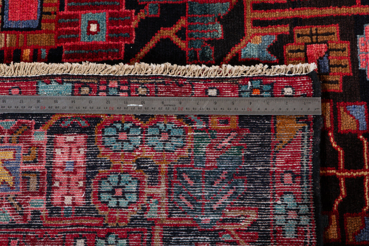 Vintage Deep Navy Blue & Red Geometric Allover Wool Rug – 11' 2" x 5' 1" (340 x 156 cm)