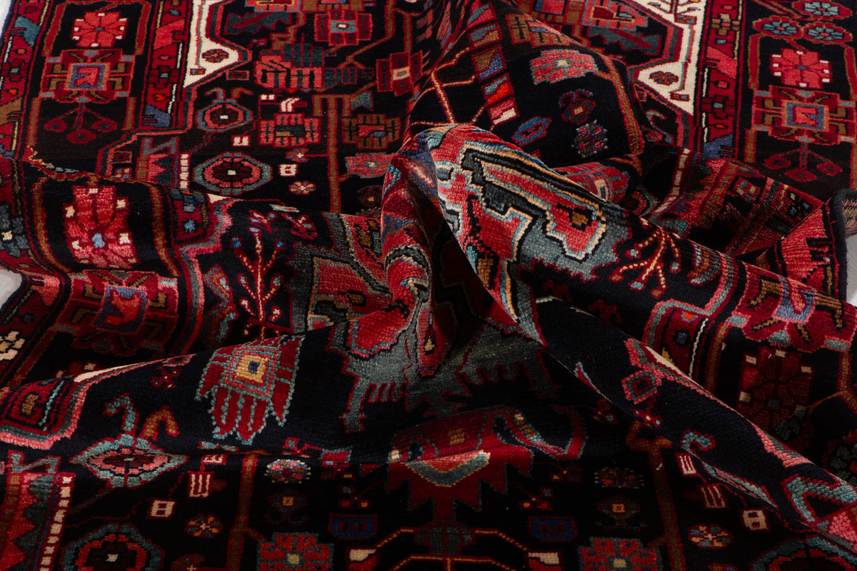 Vintage Deep Navy Blue & Red Geometric Allover Wool Rug – 11' 2" x 5' 1" (340 x 156 cm)