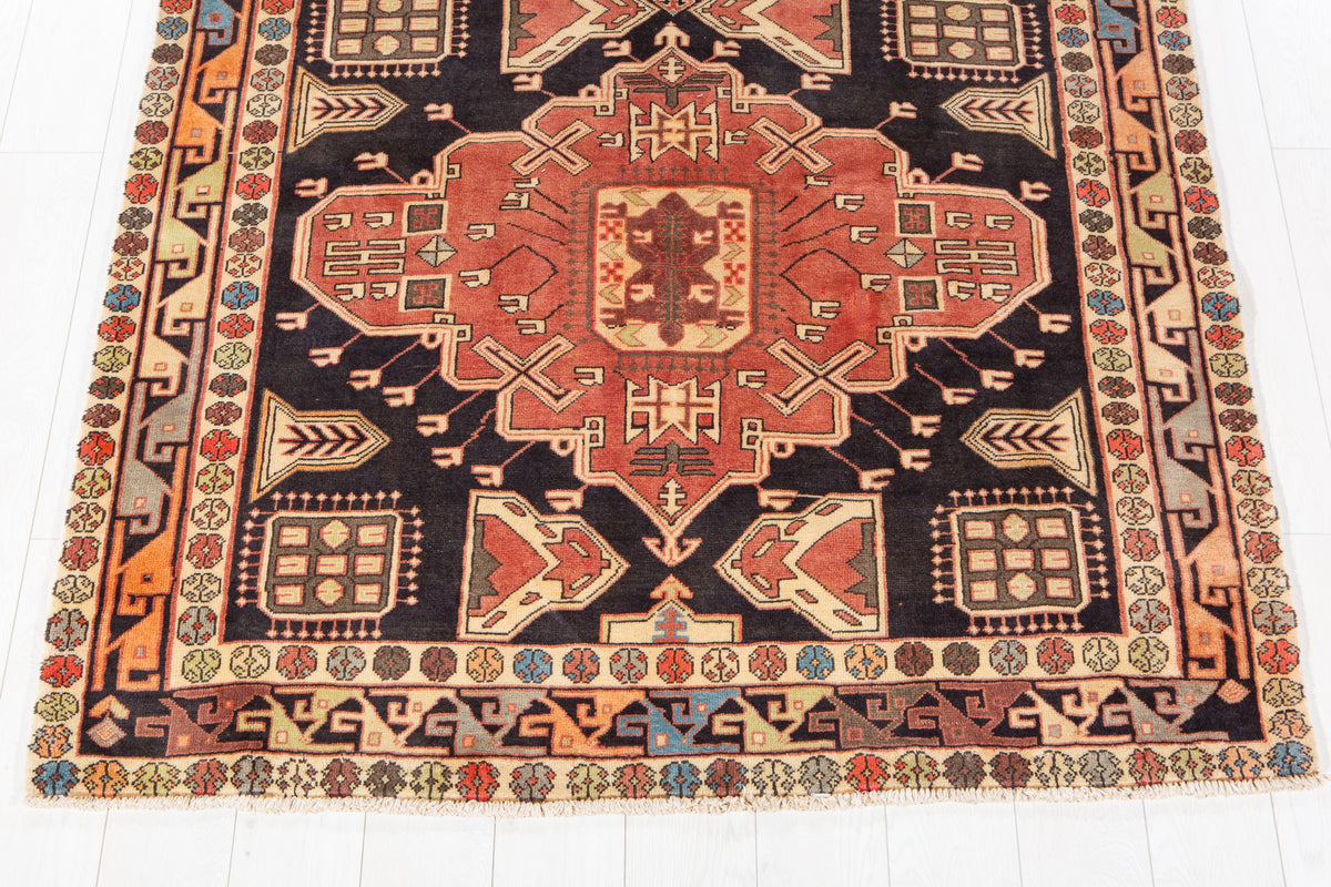 Vintage Deep Navy Blue & Coral Geometric Medallion Wool Rug – 11' 2" x 4' 10" (341 x 148 cm)