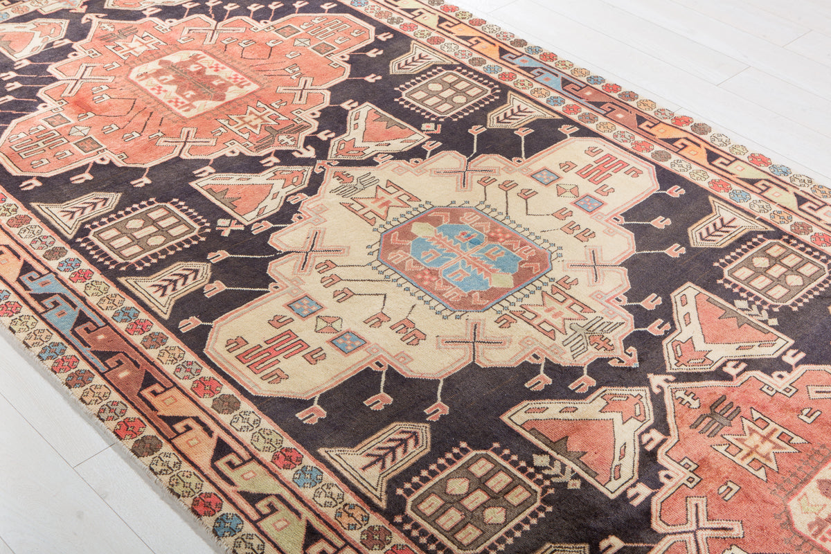 Vintage Deep Navy Blue & Coral Geometric Medallion Wool Rug – 11' 2" x 4' 10" (341 x 148 cm)