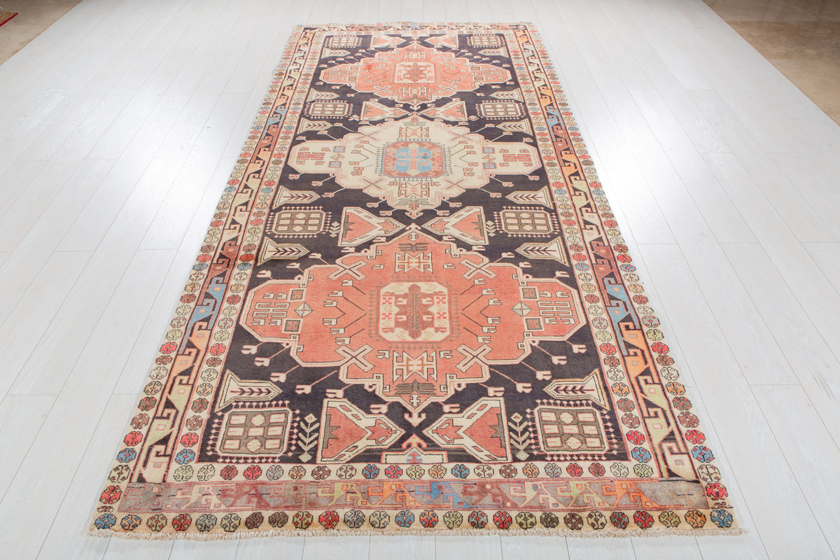 Vintage Deep Navy Blue & Coral Geometric Medallion Wool Rug – 11' 2" x 4' 10" (341 x 148 cm)