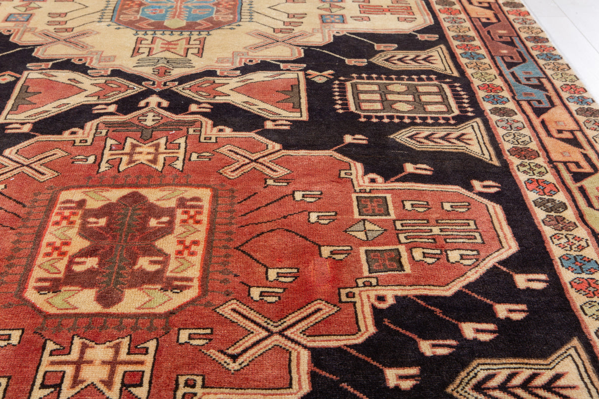 Vintage Deep Navy Blue & Coral Geometric Medallion Wool Rug – 11' 2" x 4' 10" (341 x 148 cm)