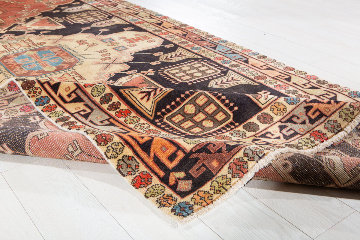 Vintage Deep Navy Blue & Coral Geometric Medallion Wool Rug – 11' 2" x 4' 10" (341 x 148 cm)