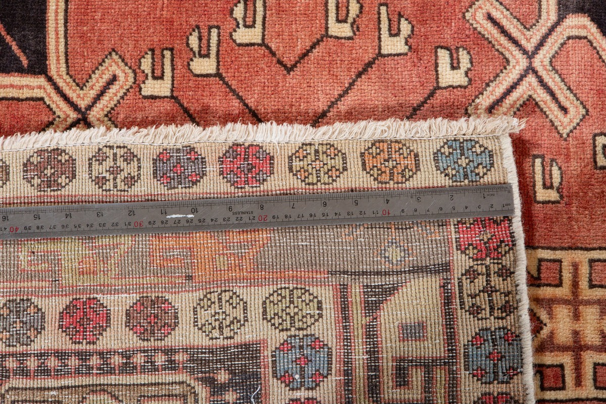 Vintage Deep Navy Blue & Coral Geometric Medallion Wool Rug – 11' 2" x 4' 10" (341 x 148 cm)