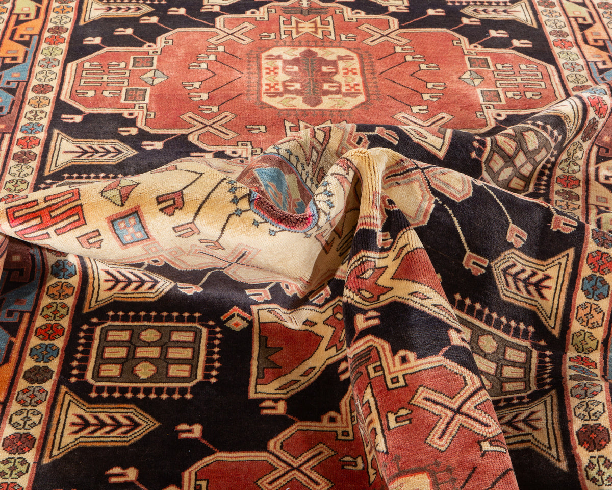 Vintage Deep Navy Blue & Coral Geometric Medallion Wool Rug – 11' 2" x 4' 10" (341 x 148 cm)