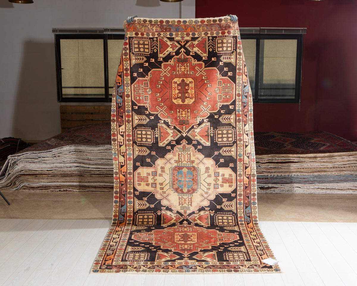 Vintage Deep Navy Blue & Coral Geometric Medallion Wool Rug – 11' 2" x 4' 10" (341 x 148 cm)