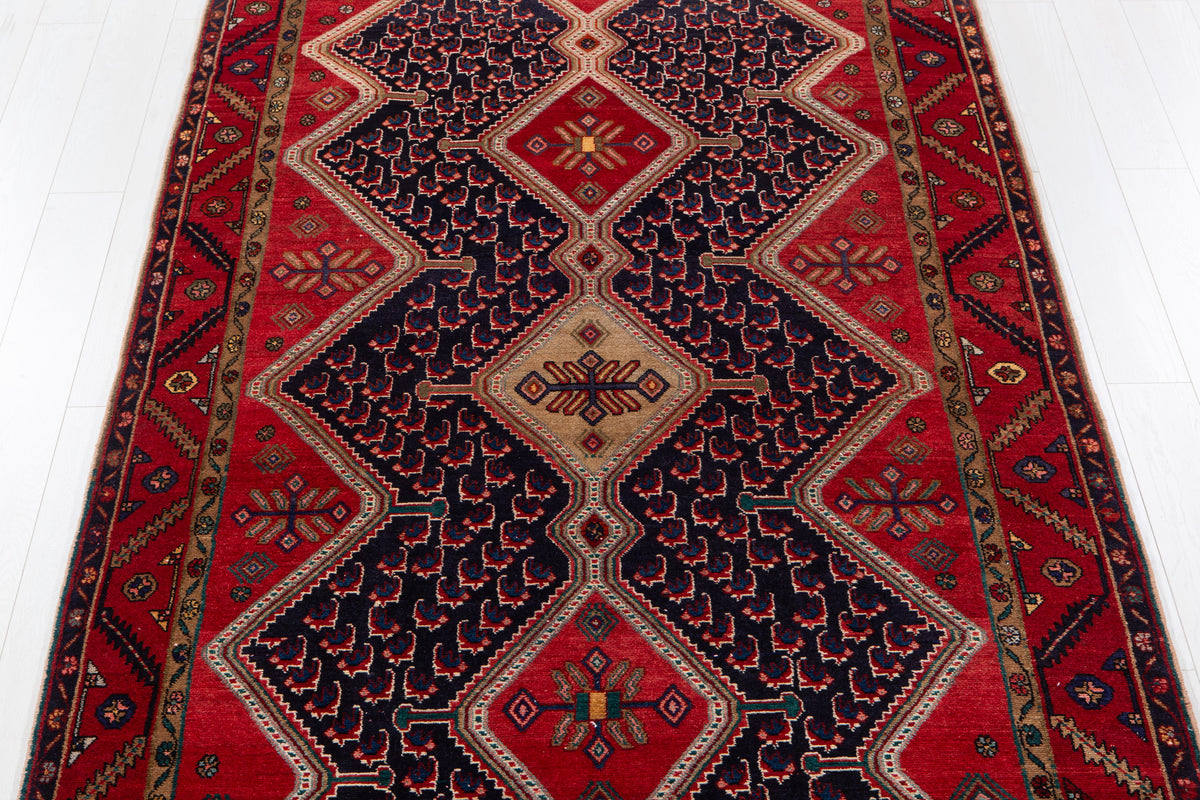 Collectible Vintage Deep Navy Blue & Red Geometric Medallion Wool Rug – 10' 8" x 5' 5" (326 x 165 cm)