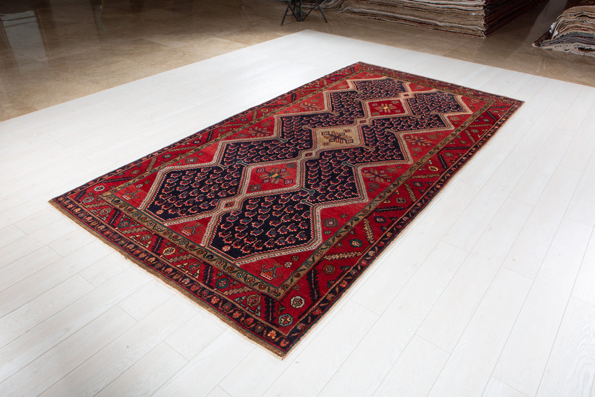 Collectible Vintage Deep Navy Blue & Red Geometric Medallion Wool Rug – 10' 8" x 5' 5" (326 x 165 cm)
