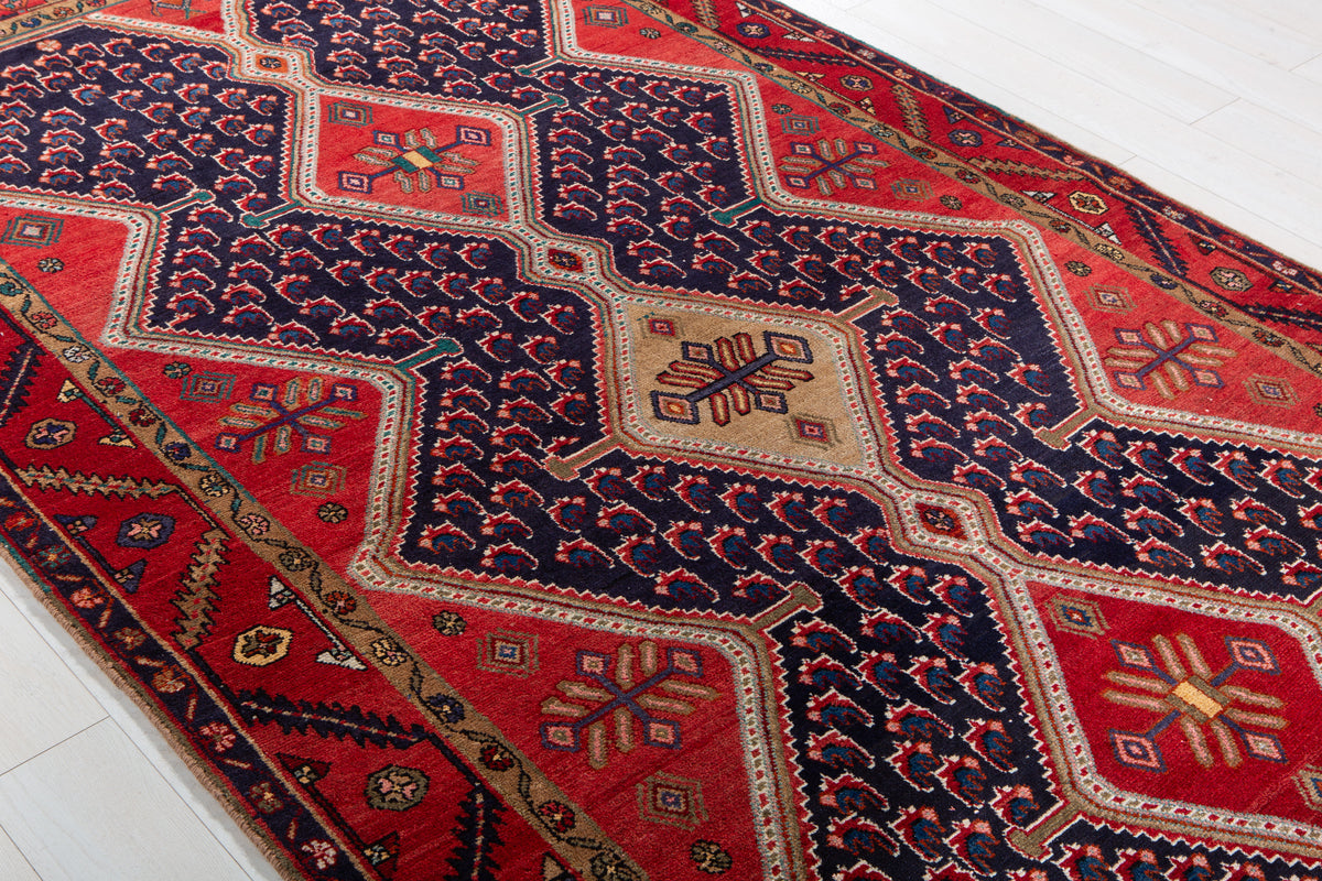 Collectible Vintage Deep Navy Blue & Red Geometric Medallion Wool Rug – 10' 8" x 5' 5" (326 x 165 cm)