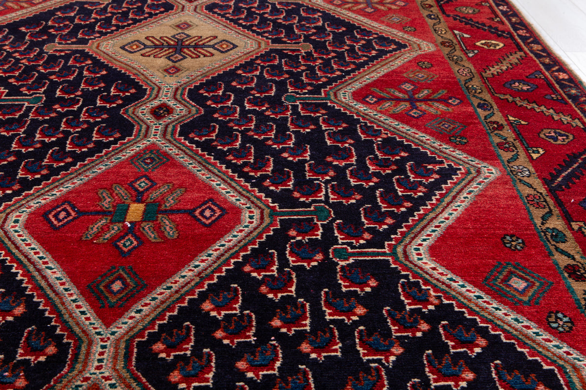 Collectible Vintage Deep Navy Blue & Red Geometric Medallion Wool Rug – 10' 8" x 5' 5" (326 x 165 cm)