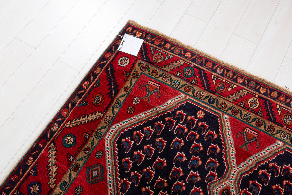 Collectible Vintage Deep Navy Blue & Red Geometric Medallion Wool Rug – 10' 8" x 5' 5" (326 x 165 cm)