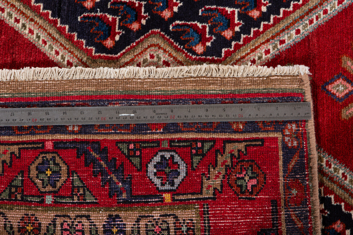Collectible Vintage Deep Navy Blue & Red Geometric Medallion Wool Rug – 10' 8" x 5' 5" (326 x 165 cm)