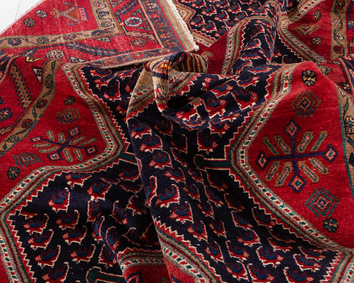 Collectible Vintage Deep Navy Blue & Red Geometric Medallion Wool Rug – 10' 8" x 5' 5" (326 x 165 cm)