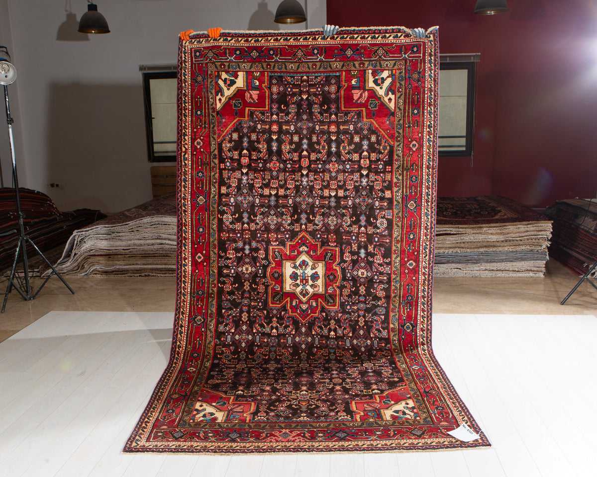 Vintage Black & Red Geometric Medallion Wool Rug – 10' 4" x 5' 5" (314 x 164 cm)