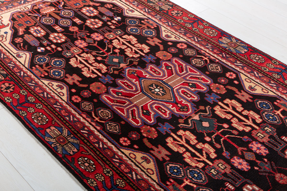Vintage Black & Rust Orange Geometric Allover Wool Rug – 9' 2" x 4' 3" (279 x 130 cm)