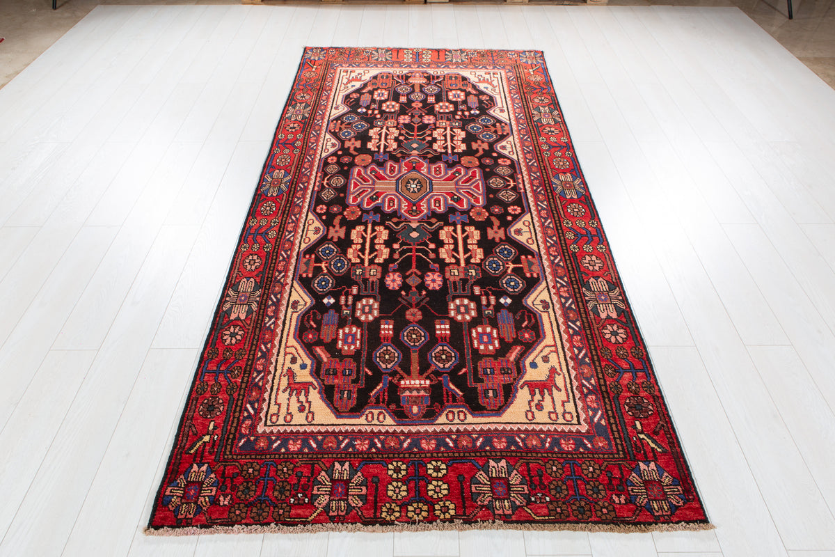 Vintage Black & Rust Orange Geometric Allover Wool Rug – 9' 2" x 4' 3" (279 x 130 cm)