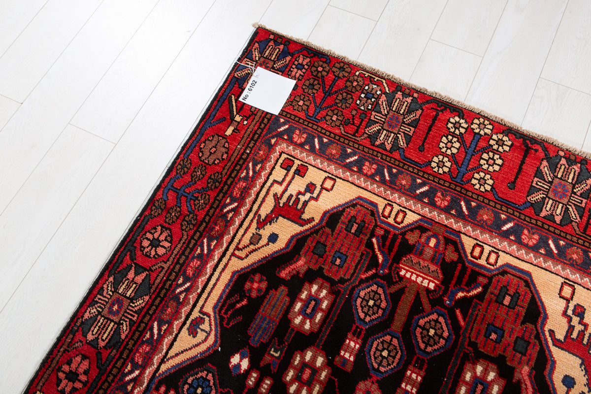 Vintage Black & Rust Orange Geometric Allover Wool Rug – 9' 2" x 4' 3" (279 x 130 cm)