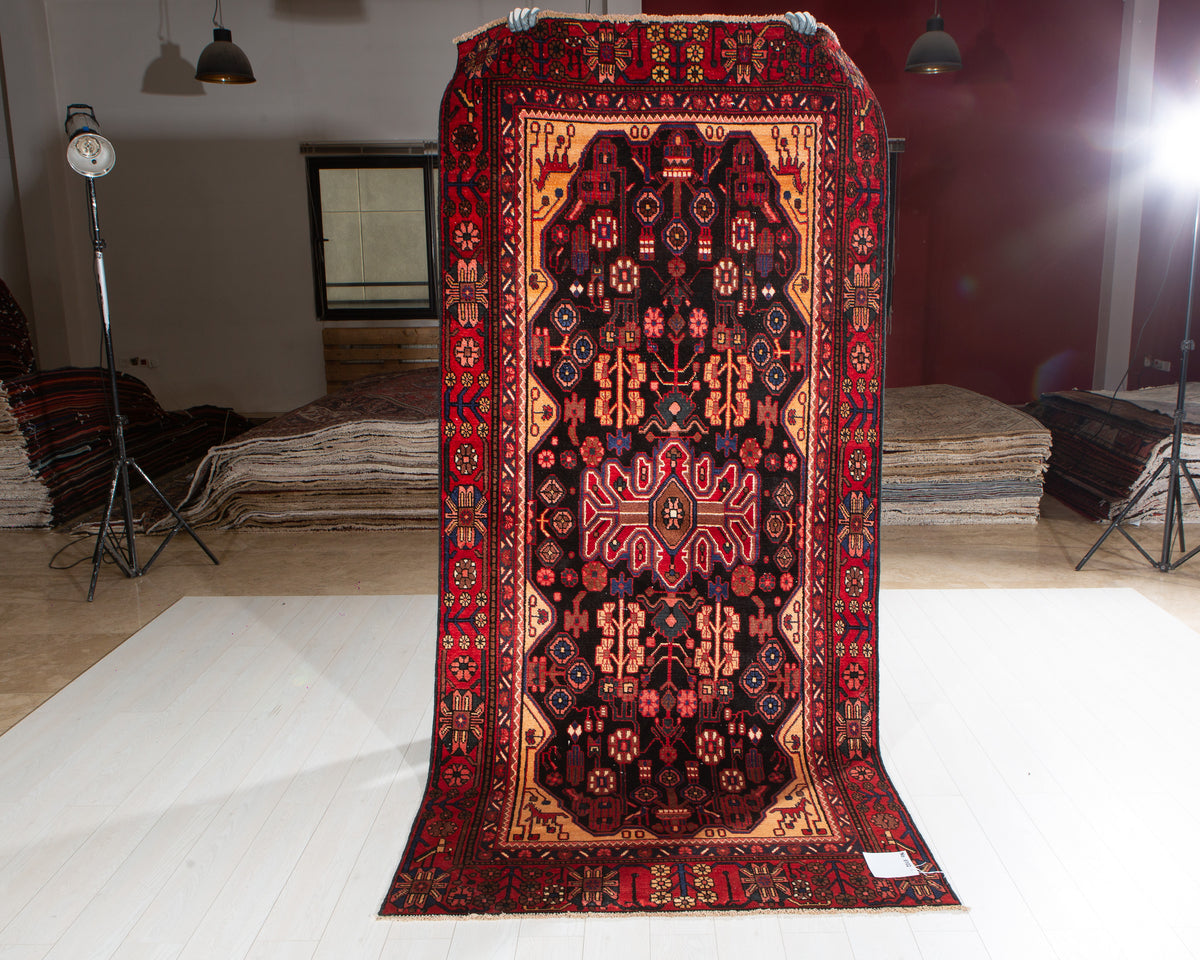 Vintage Black & Rust Orange Geometric Allover Wool Rug – 9' 2" x 4' 3" (279 x 130 cm)