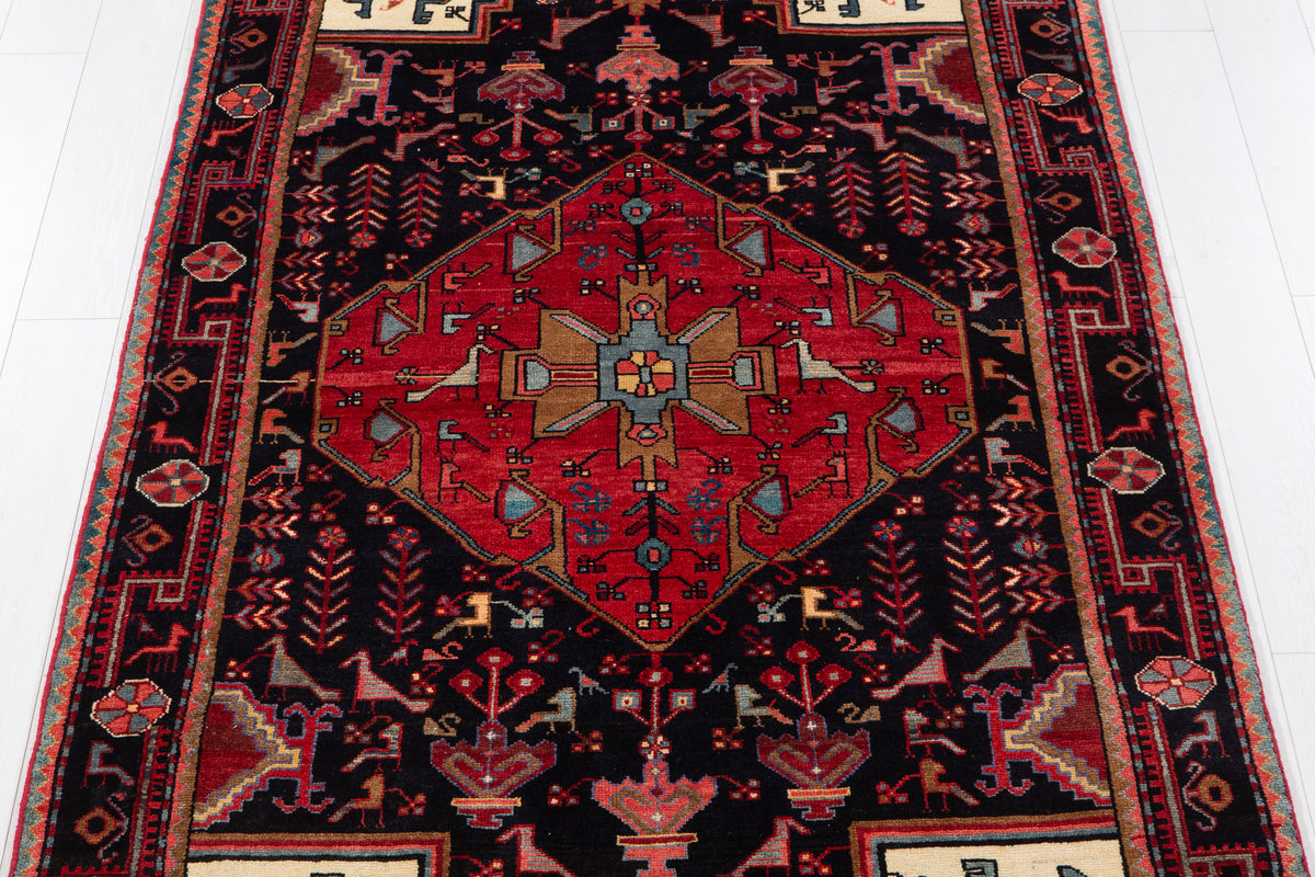 Vintage Deep Navy Blue & Red Geometric Medallion Wool Rug – 9' 11" x 4' 8" (302 x 142 cm)