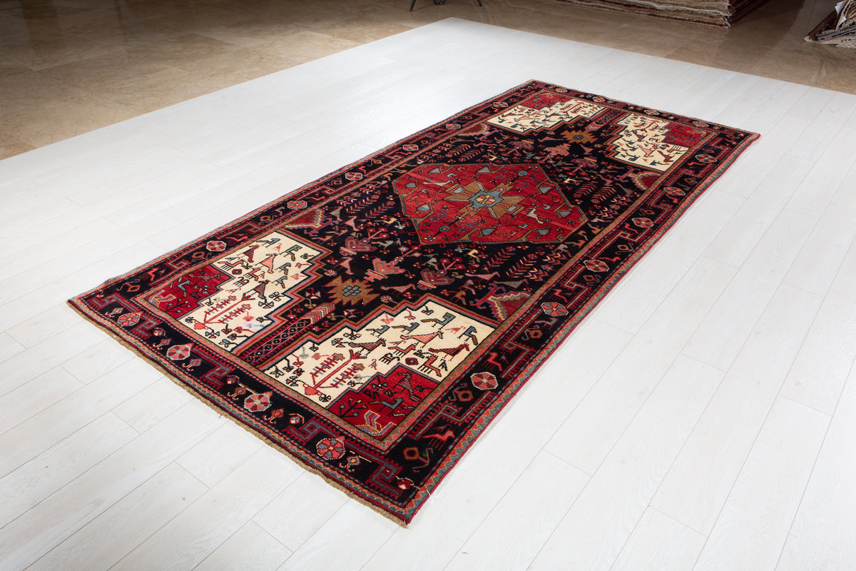 Vintage Deep Navy Blue & Red Geometric Medallion Wool Rug – 9' 11" x 4' 8" (302 x 142 cm)