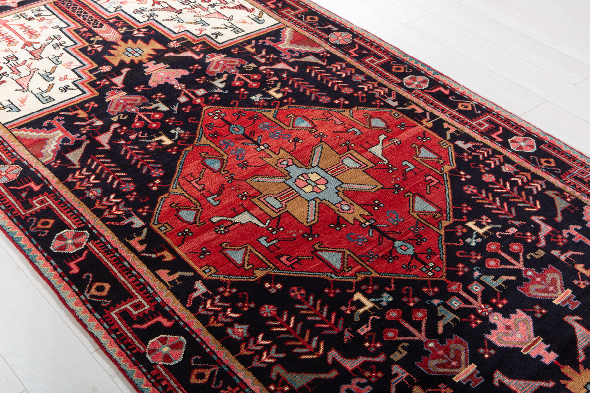 Vintage Deep Navy Blue & Red Geometric Medallion Wool Rug – 9' 11" x 4' 8" (302 x 142 cm)