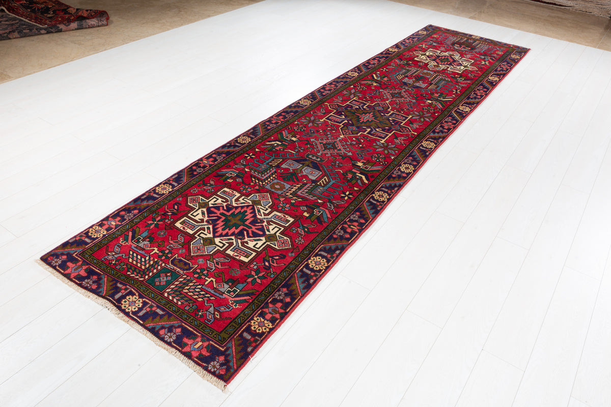 Vintage Geometric Medallion Runner Rug, Red – 12' 4" x 3' 1" (376 x 95 cm)