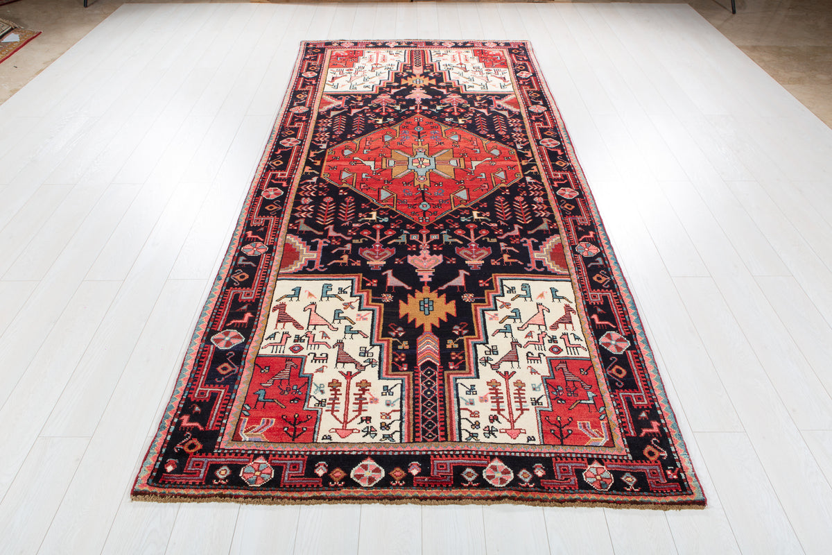 Vintage Deep Navy Blue & Red Geometric Medallion Wool Rug – 9' 11" x 4' 8" (302 x 142 cm)