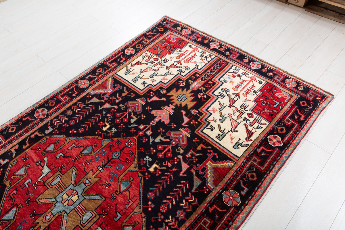 Vintage Deep Navy Blue & Red Geometric Medallion Wool Rug – 9' 11" x 4' 8" (302 x 142 cm)