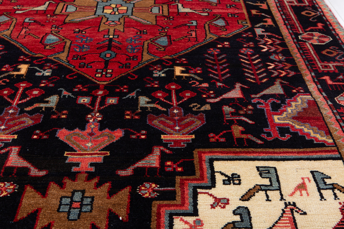 Vintage Deep Navy Blue & Red Geometric Medallion Wool Rug – 9' 11" x 4' 8" (302 x 142 cm)